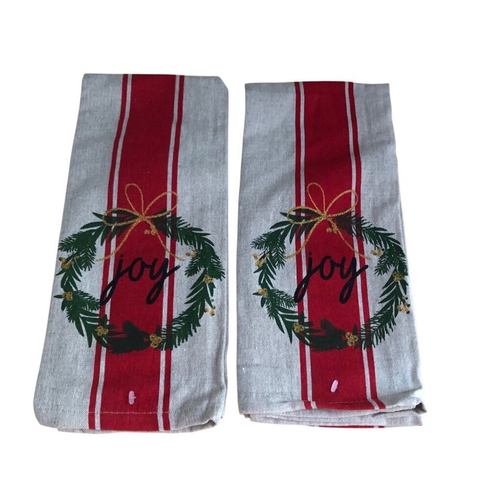 Linen Red Kitchen Towels Vintage Stripe Holiday Wreath Graphics Joy LOT of 2 NWT